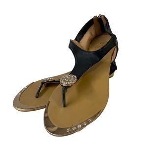 GC Shoes Black Jeweled Sandals Gold Zippered Back size 6.5 Euro 37